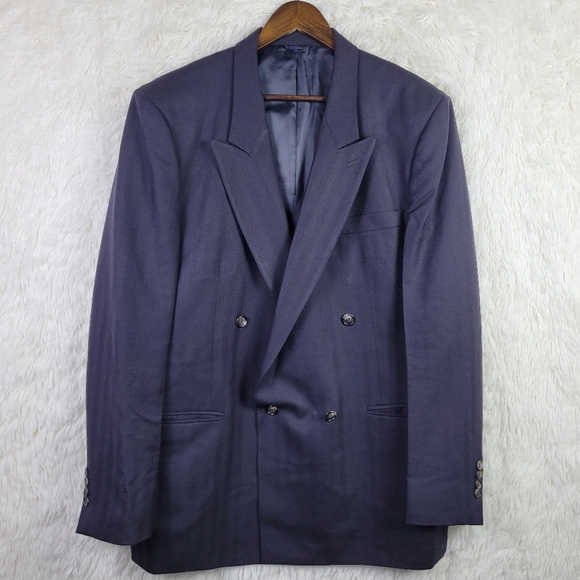 Vtg 46L Jean Paul Germain Dark Navy Blue Double Breasted Twill Wool Blazer